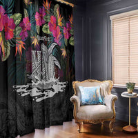 Personalised Hawaii Window Curtain Humpback Whale Tattoo With Tropical Flowers Black