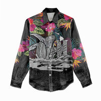 Personalised Hawaii Women Casual Shirt Humpback Whale Tattoo With Tropical Flowers Black