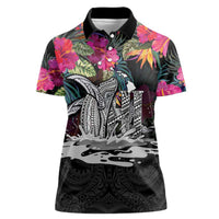 Personalised Hawaii Women Polo Shirt Humpback Whale Tattoo With Tropical Flowers Black