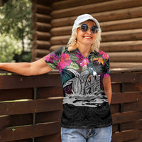 Personalised Hawaii Women Polo Shirt Humpback Whale Tattoo With Tropical Flowers Black