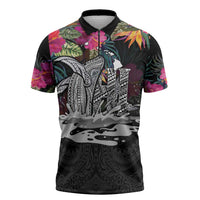 Personalised Hawaii Zipper Polo Shirt Humpback Whale Tattoo With Tropical Flowers Black