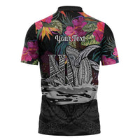 Personalised Hawaii Zipper Polo Shirt Humpback Whale Tattoo With Tropical Flowers Black