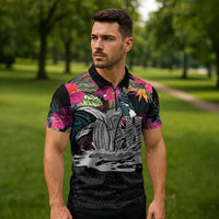Personalised Hawaii Zipper Polo Shirt Humpback Whale Tattoo With Tropical Flowers Black