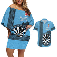 Personalised Fiji Darts Couples Matching Off Shoulder Short Dress and Hawaiian Shirt Fijian Tapa Pattern - Blue LT14 Blue - Polynesian Pride