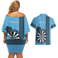 Personalised Fiji Darts Couples Matching Off Shoulder Short Dress and Hawaiian Shirt Fijian Tapa Pattern - Blue LT14 - Polynesian Pride