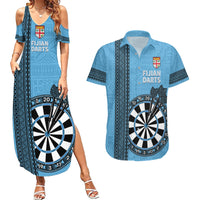 Personalised Fiji Darts Couples Matching Summer Maxi Dress and Hawaiian Shirt Fijian Tapa Pattern - Blue