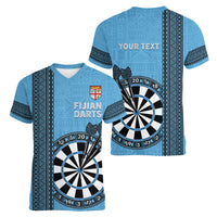 Personalised Fiji Darts Women V-Neck T-Shirt Fijian Tapa Pattern - Blue