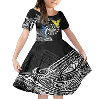 Personalised Cook Islands Darts Family Matching Short Sleeve Bodycon Dress and Hawaiian Shirt Kuki Airani Tribal Pattern LT14 Daughter's Dress Black - Polynesian Pride