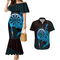 Aloha Hawaii Darts Couples Matching Mermaid Dress and Hawaiian Shirt Dart Board With Polynesian Shark - Blue LT14 Blue - Polynesian Pride