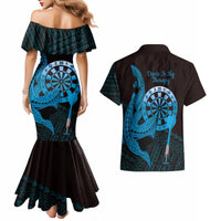 Aloha Hawaii Darts Couples Matching Mermaid Dress and Hawaiian Shirt Dart Board With Polynesian Shark - Blue LT14 - Polynesian Pride