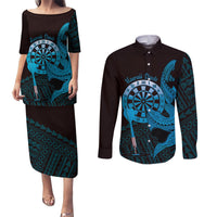 Aloha Hawaii Darts Couples Matching Puletasi and Long Sleeve Button Shirt Dart Board With Polynesian Shark - Blue LT14 Blue - Polynesian Pride