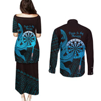 Aloha Hawaii Darts Couples Matching Puletasi and Long Sleeve Button Shirt Dart Board With Polynesian Shark - Blue LT14 - Polynesian Pride