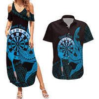 Aloha Hawaii Darts Couples Matching Summer Maxi Dress and Hawaiian Shirt Dart Board With Polynesian Shark - Blue LT14 Blue - Polynesian Pride