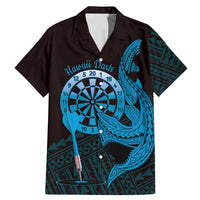 Aloha Hawaii Darts Family Matching Mermaid Dress and Hawaiian Shirt Dart Board With Polynesian Shark - Blue LT14 Dad's Shirt - Short Sleeve Blue - Polynesian Pride