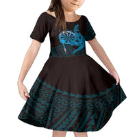Aloha Hawaii Darts Family Matching Short Sleeve Bodycon Dress and Hawaiian Shirt Dart Board With Polynesian Shark - Blue LT14 Daughter's Dress Blue - Polynesian Pride