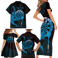Aloha Hawaii Darts Family Matching Short Sleeve Bodycon Dress and Hawaiian Shirt Dart Board With Polynesian Shark - Blue LT14 - Polynesian Pride