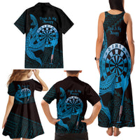 Aloha Hawaii Darts Family Matching Tank Maxi Dress and Hawaiian Shirt Dart Board With Polynesian Shark - Blue