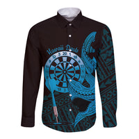 Aloha Hawaii Darts Long Sleeve Button Shirt Dart Board With Polynesian Shark - Blue