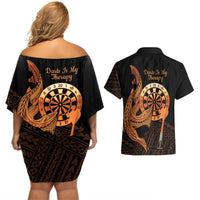 Aloha Hawaii Darts Couples Matching Off Shoulder Short Dress and Hawaiian Shirt Dart Board With Polynesian Shark - Gold
