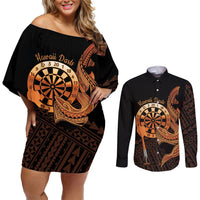 Aloha Hawaii Darts Couples Matching Off Shoulder Short Dress and Long Sleeve Button Shirt Dart Board With Polynesian Shark - Gold LT14 Gold - Polynesian Pride