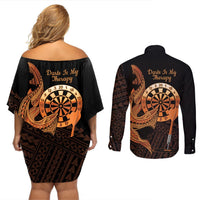 Aloha Hawaii Darts Couples Matching Off Shoulder Short Dress and Long Sleeve Button Shirt Dart Board With Polynesian Shark - Gold LT14 - Polynesian Pride