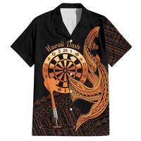 Aloha Hawaii Darts Family Matching Long Sleeve Bodycon Dress and Hawaiian Shirt Dart Board With Polynesian Shark - Gold LT14 Dad's Shirt - Short Sleeve Gold - Polynesian Pride