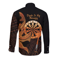 Aloha Hawaii Darts Long Sleeve Button Shirt Dart Board With Polynesian Shark - Gold