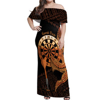 Aloha Hawaii Darts Off Shoulder Maxi Dress Dart Board With Polynesian Shark - Gold