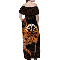 Aloha Hawaii Darts Off Shoulder Maxi Dress Dart Board With Polynesian Shark - Gold
