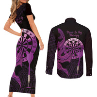 Aloha Hawaii Darts Couples Matching Short Sleeve Bodycon Dress and Long Sleeve Button Shirt Dart Board With Polynesian Shark - Purple
