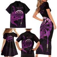 Aloha Hawaii Darts Family Matching Short Sleeve Bodycon Dress and Hawaiian Shirt Dart Board With Polynesian Shark - Purple LT14 - Polynesian Pride