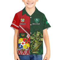 Custom Tonga And Ireland Rugby Family Matching Long Sleeve Bodycon Dress and Hawaiian Shirt Ikale Tahi With Shamrocks LT14 Son's Shirt Red - Polynesian Pride