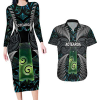 Personalised New Zealand Toki Couples Matching Long Sleeve Bodycon Dress and Hawaiian Shirt Silver Fern Mix Aotearoa Maori Pattern
