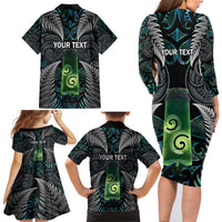 Personalised New Zealand Toki Family Matching Long Sleeve Bodycon Dress and Hawaiian Shirt Silver Fern Mix Aotearoa Maori Pattern LT14 - Polynesian Pride