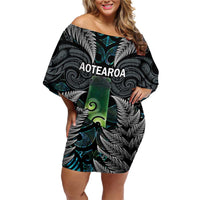Personalised New Zealand Toki Family Matching Off Shoulder Short Dress and Hawaiian Shirt Silver Fern Mix Aotearoa Maori Pattern