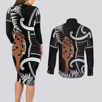 New Zealand Maripi Couples Matching Long Sleeve Bodycon Dress and Long Sleeve Button Shirt Silver Fern Mix Aotearoa Maori Pattern