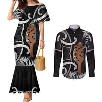 New Zealand Maripi Couples Matching Mermaid Dress and Long Sleeve Button Shirt Silver Fern Mix Aotearoa Maori Pattern