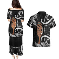 New Zealand Maripi Couples Matching Puletasi and Hawaiian Shirt Silver Fern Mix Aotearoa Maori Pattern