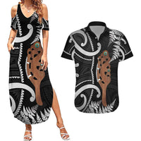 New Zealand Maripi Couples Matching Summer Maxi Dress and Hawaiian Shirt Silver Fern Mix Aotearoa Maori Pattern