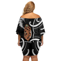 New Zealand Maripi Family Matching Off Shoulder Short Dress and Hawaiian Shirt Silver Fern Mix Aotearoa Maori Pattern