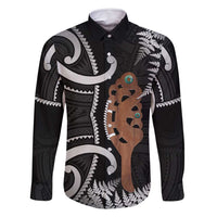 New Zealand Maripi Family Matching Summer Maxi Dress and Hawaiian Shirt Silver Fern Mix Aotearoa Maori Pattern LT14 Dad's Shirt - Long Sleeve Black - Polynesian Pride