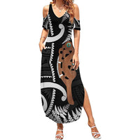 New Zealand Maripi Family Matching Summer Maxi Dress and Hawaiian Shirt Silver Fern Mix Aotearoa Maori Pattern LT14 Mom's Dress Black - Polynesian Pride