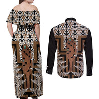 New Zealand Couples Matching Off Shoulder Maxi Dress and Long Sleeve Button Shirt Maori Maripi Knife With Poutama Art