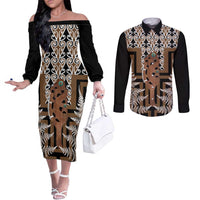 New Zealand Couples Matching Off The Shoulder Long Sleeve Dress and Long Sleeve Button Shirt Maori Maripi Knife With Poutama Art