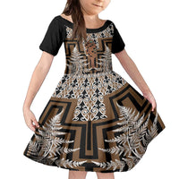 New Zealand Family Matching Puletasi and Hawaiian Shirt Maori Maripi Knife With Poutama Art LT14 Daughter's Dress Brown - Polynesian Pride