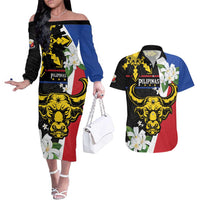 Personalised Philippines Carabao Couples Matching Off The Shoulder Long Sleeve Dress and Hawaiian Shirt Filipino Sun Mix Sampaguita Flower