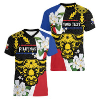 Personalised Philippines Carabao Women V-Neck T-Shirt Filipino Sun Mix Sampaguita Flower