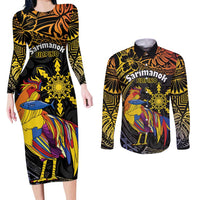 Philippines Sarimanok Couples Matching Long Sleeve Bodycon Dress and Long Sleeve Button Shirt Papanok Legendary Bird Okir Polynesian Pattern