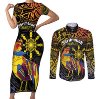 Philippines Sarimanok Couples Matching Short Sleeve Bodycon Dress and Long Sleeve Button Shirt Papanok Legendary Bird Okir Polynesian Pattern