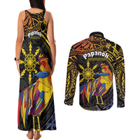 Philippines Sarimanok Couples Matching Tank Maxi Dress and Long Sleeve Button Shirt Papanok Legendary Bird Okir Polynesian Pattern